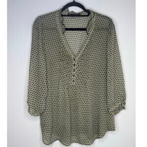 Rose and Olivia Black White Yellow Geometric Print V neck 3/4 Sleeve Blouse 2X